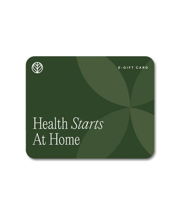 A green giftcard design with a white Branch Basics logo in the top-left corner and the primary text 'Health Starts At Home' in the bottom-left corner, displayed on a transparent background.